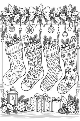 Four separate hanging stockings show star, leaf, diamond and snowflake patterns beneath holly garland, with baubles and gifts nearby.