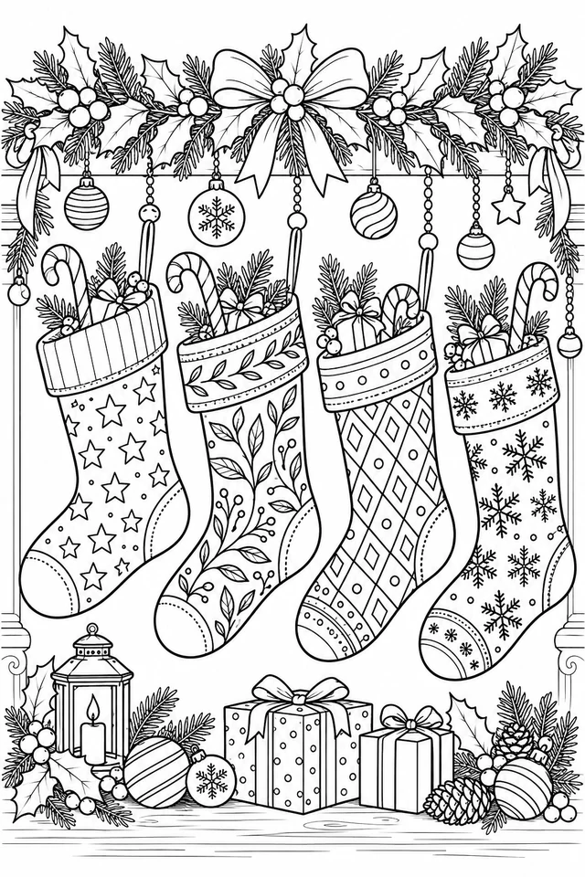 Four separate hanging stockings show star, leaf, diamond and snowflake patterns beneath holly garland, with baubles and gifts nearby.
