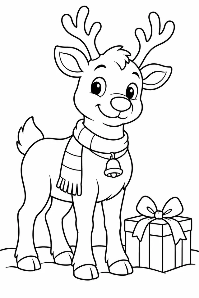 A standing reindeer with four visible legs, branched antlers, a scarf and bell collar stands beside a wrapped present.