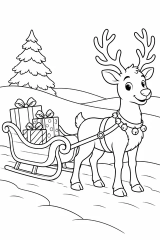 A reindeer with antlers and a bell harness pulling a small sleigh of three gifts through a snowy landscape.