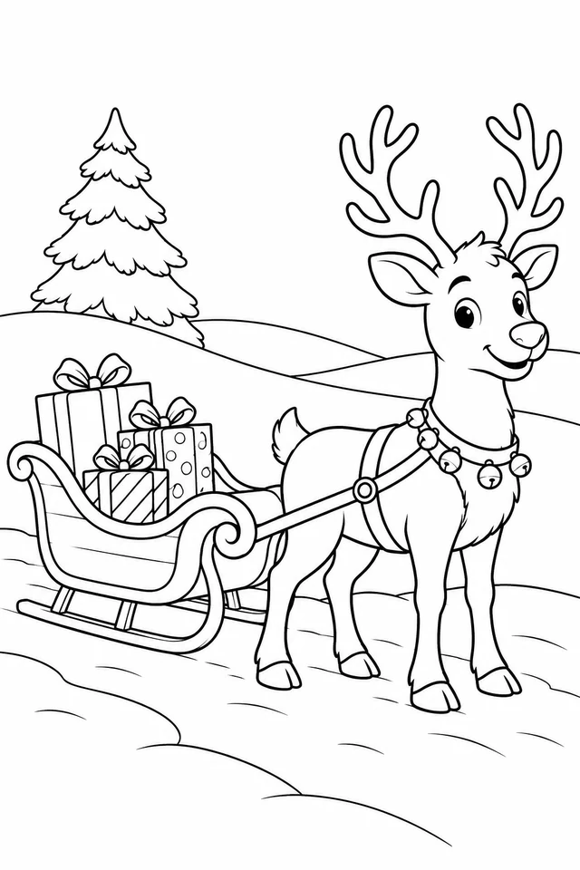 A reindeer with antlers and a bell harness pulling a small sleigh of three gifts through a snowy landscape.