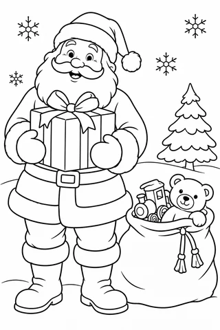 Santa holding a wrapped gift beside a sack with a teddy bear and toy train, a small tree and snowflakes.