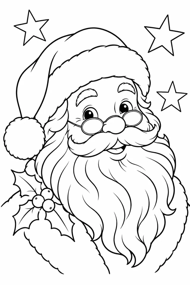 A smiling Santa head and shoulders with round glasses, broad hat, outlined beard locks, holly leaves and three large stars.
