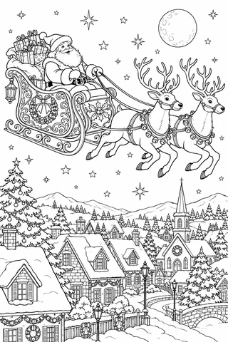 Santa sits in an ornate gift-filled sleigh behind two flying reindeer above snowy village roofs, trees, stars and a moon.