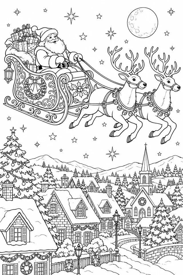 Santa sits in an ornate gift-filled sleigh behind two flying reindeer above snowy village roofs, trees, stars and a moon.