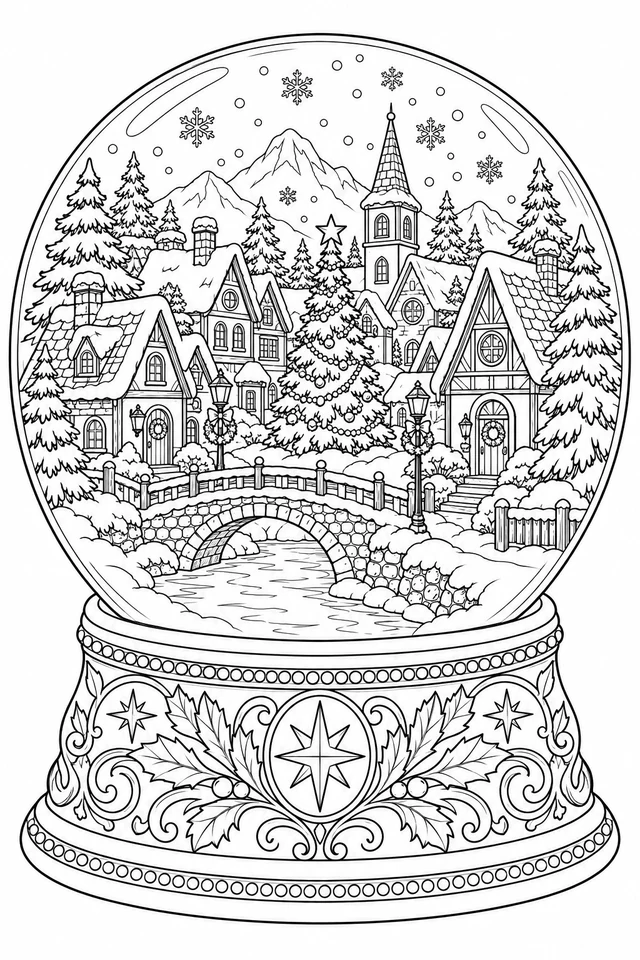 A snow globe contains snow-covered village houses, a bridge, a decorated Christmas tree and a church spire above a patterned base.