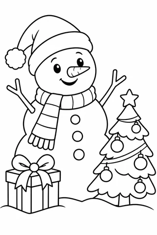 A smiling snowman with two stick arms, scarf and Santa-style hat stands beside a wrapped gift and a small ornamented Christmas tree.