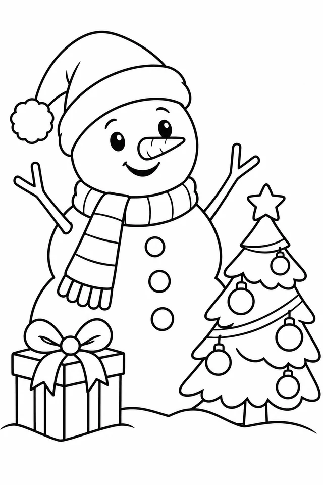 A smiling snowman with two stick arms, scarf and Santa-style hat stands beside a wrapped gift and a small ornamented Christmas tree.