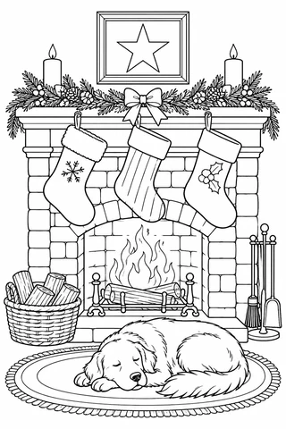 Three Christmas stockings on a garland-covered fireplace with a framed star and a sleeping dog on a round rug.