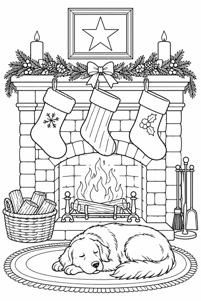 Three Christmas stockings on a garland-covered fireplace with a framed star and a sleeping dog on a round rug.