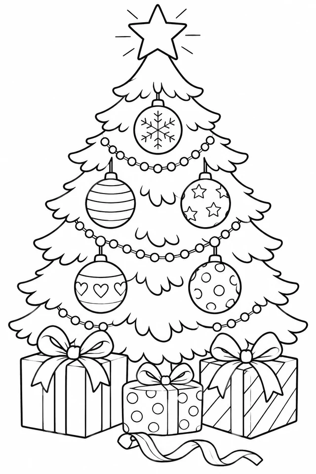 A Christmas tree with a star, five patterned round ornaments, bead garlands and three wrapped presents.