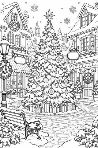 Large decorated Christmas tree and presents in a snowy village square surrounded by shops, wreaths and a bench.