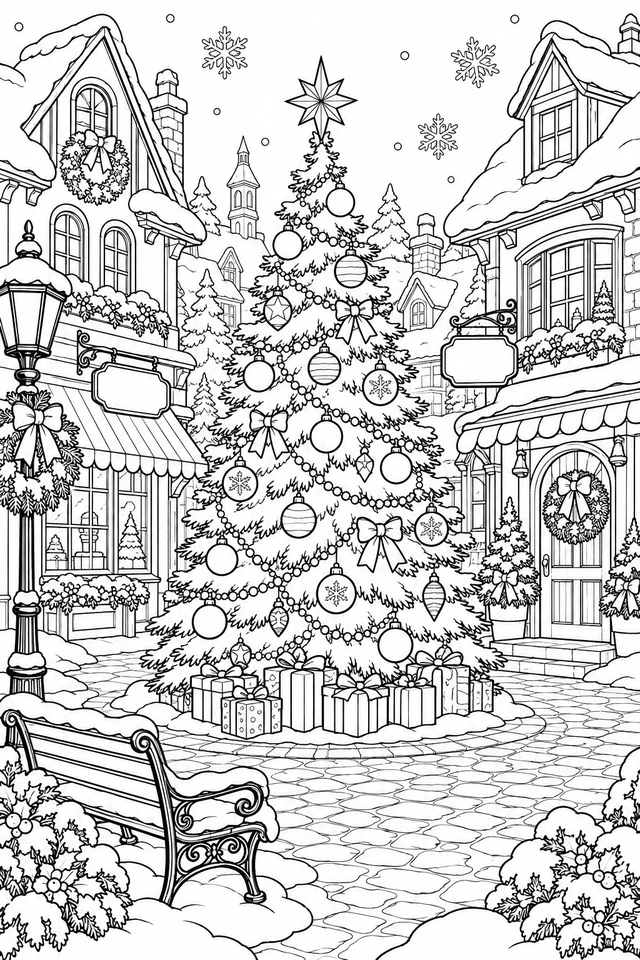 Large decorated Christmas tree and presents in a snowy village square surrounded by shops, wreaths and a bench.