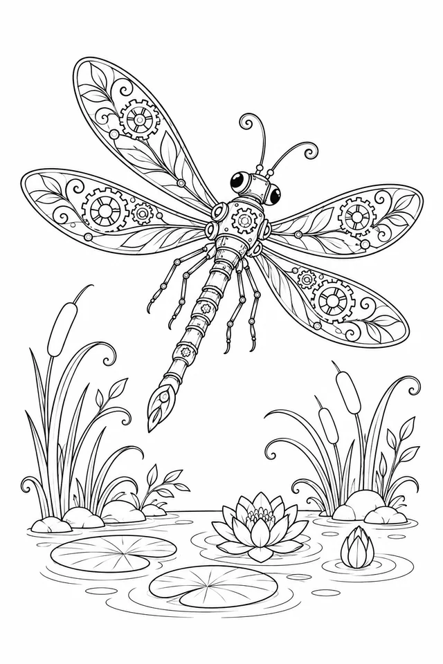 Decorative mechanical dragonfly with four leaf-and-gear wings above reeds and water lilies.