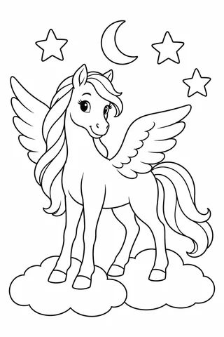Winged horse standing on two clouds beneath a crescent moon and three outlined stars.