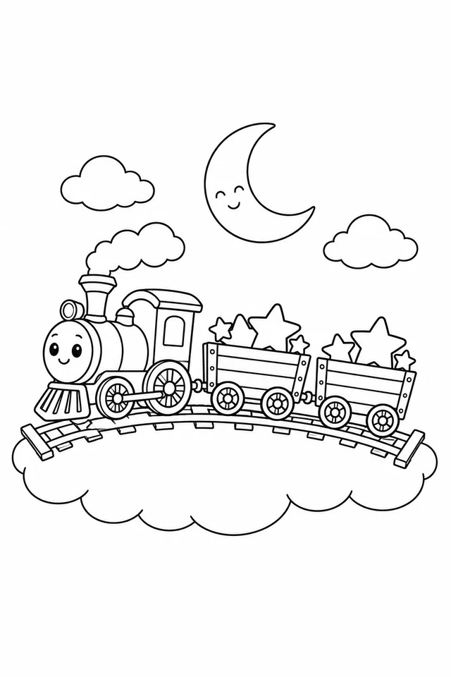 Small smiling locomotive and two star-filled wagons on a complete curved railway supported by a cloud.