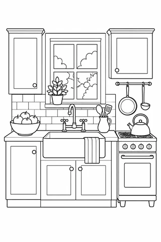 Cottage kitchen with sink, cabinets, window, bowl of apples and a kettle on a small stove.