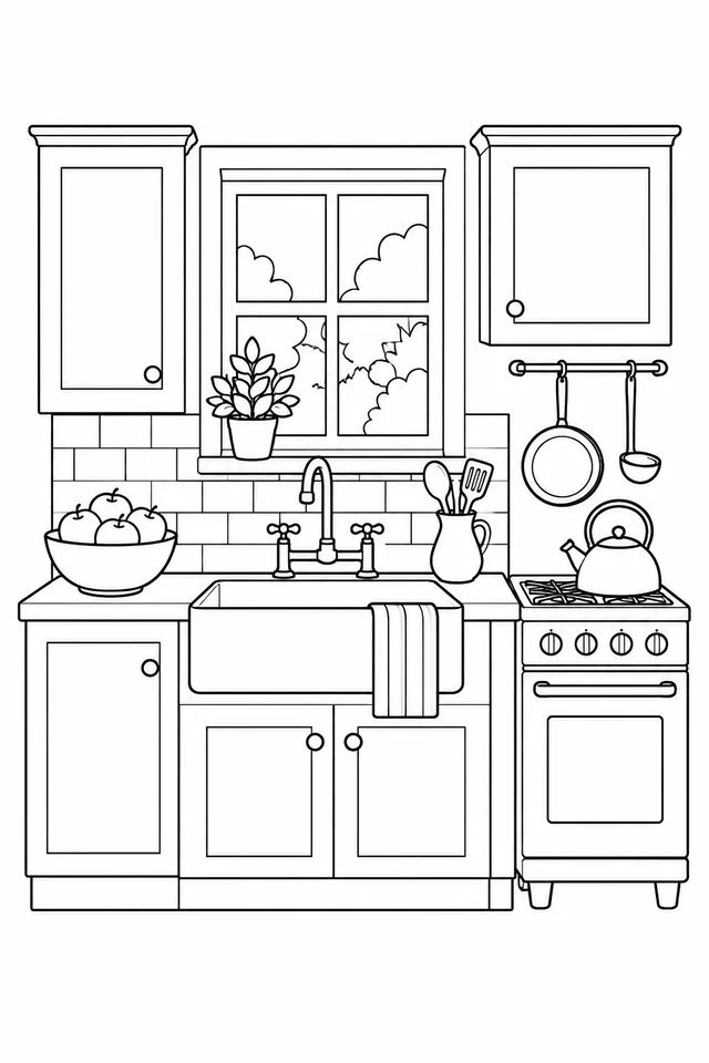 Cottage kitchen with sink, cabinets, window, bowl of apples and a kettle on a small stove.