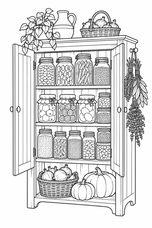 Pantry cupboard full of jars of beans, pasta and preserves with onions, pumpkins and hanging herbs.