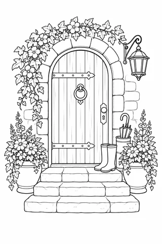 Arched cottage door with a knocker, lantern, flowering vine, two planters and boots on stone steps.