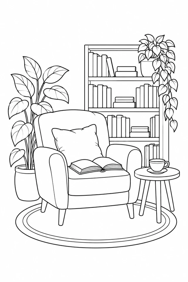 Black outline coloring page of an armchair, books, tea and houseplants in a cozy reading corner.