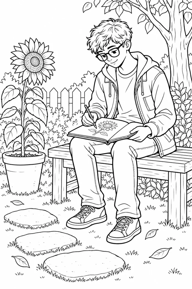 Teenager with glasses seated on a garden bench drawing a sunflower in a sketchbook, with a tall potted sunflower, fence, tree and stepping stones nearby.