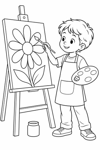 Child wearing an apron at an easel, holding a brush to an outlined daisy on the canvas and an oval palette with paint circles in the other hand.