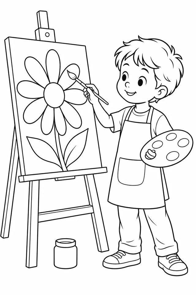 Child wearing an apron at an easel, holding a brush to an outlined daisy on the canvas and an oval palette with paint circles in the other hand.