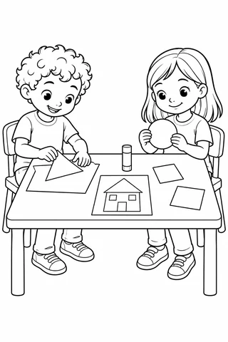 Two children seated at a craft table, one placing a paper triangle and the other holding a circle, with a glue stick, squares and a paper-house collage between them.