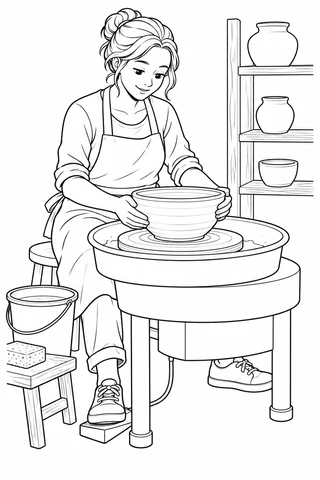 Seated potter in an apron shaping a bowl with both hands at an electric pottery wheel, with a foot on the pedal, a water bucket and three pots on a shelf.
