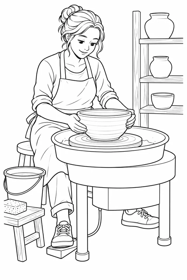 Seated potter in an apron shaping a bowl with both hands at an electric pottery wheel, with a foot on the pedal, a water bucket and three pots on a shelf.