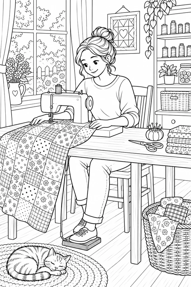 Seated maker guiding a patchwork quilt through a sewing machine with one foot on the pedal, surrounded by thread, fabric baskets, a window and a sleeping cat.