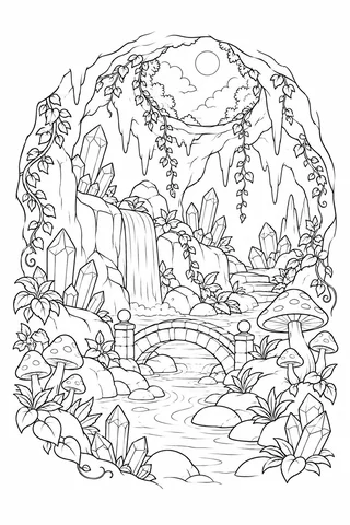 Crystal-filled cavern with a waterfall, stone bridge, trailing vines, mushrooms and an opening to the sky.
