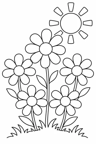 Five large daisies grow from grass beneath an outlined sun with broad rays.