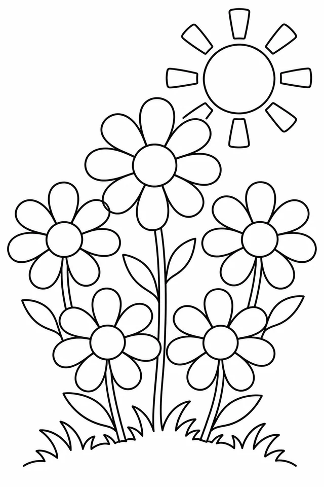 Five large daisies grow from grass beneath an outlined sun with broad rays.