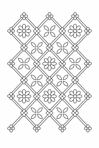 Black outline diamond lattice containing daisy-like flowers, four-leaf motifs and small flowers at the joins.