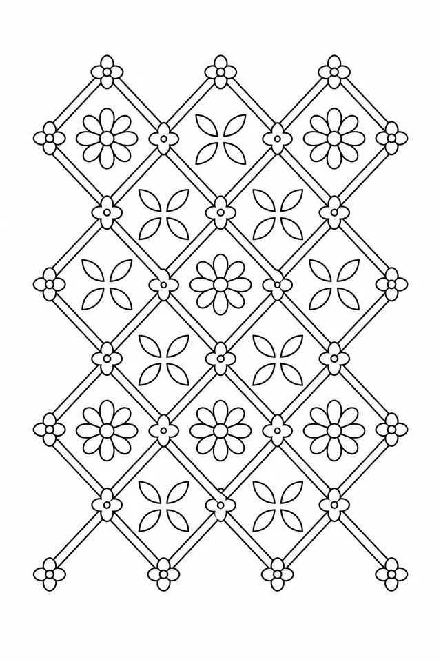 Black outline diamond lattice containing daisy-like flowers, four-leaf motifs and small flowers at the joins.