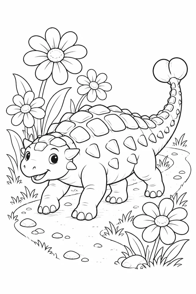 A smiling cartoon armored dinosaur with four short legs, outlined back plates and a raised club-shaped tail walks beside oversized flowers on a stony path.