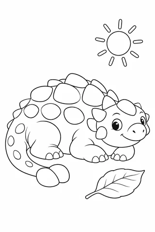 A smiling armored dinosaur rests with folded legs and a curled club-shaped tail beneath a sun, beside one large leaf.