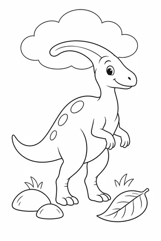 A simple upright cartoon crested dinosaur with two forearms, two hind legs, three body spots and a long tail stands beneath a large cloud beside stones and a leaf.