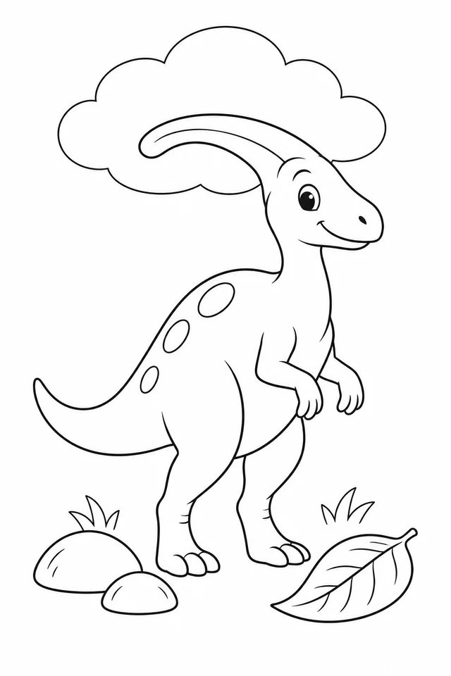 A simple upright cartoon crested dinosaur with two forearms, two hind legs, three body spots and a long tail stands beneath a large cloud beside stones and a leaf.