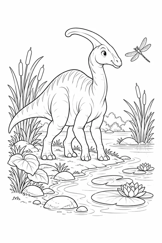 A cartoon dinosaur with a long backward-curving head crest stands beside reeds, rocks and water lilies while looking toward a dragonfly.