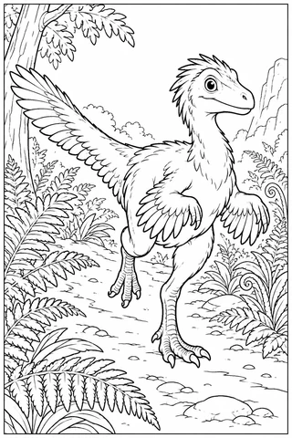 Feathered raptor-inspired dinosaur running with one foot raised along a path between ferns and rocks.