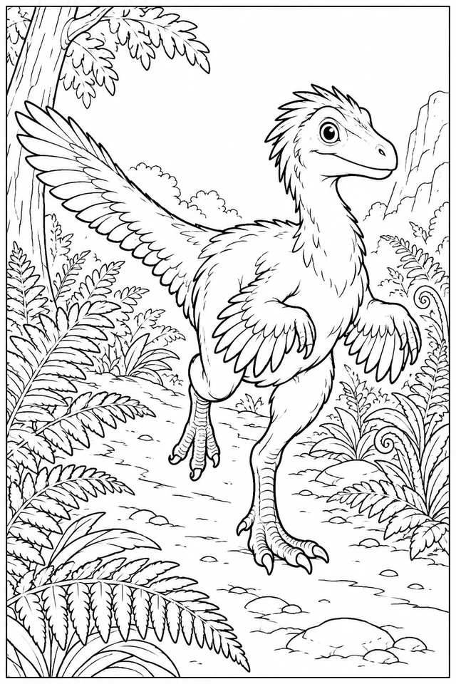 Feathered raptor-inspired dinosaur running with one foot raised along a path between ferns and rocks.
