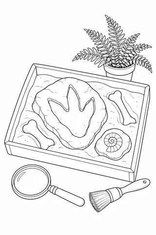 A sand-filled tray holds a rock with a three-toed footprint impression, two bone shapes and a spiral fossil rock, with a magnifying glass, brush and potted fern nearby.