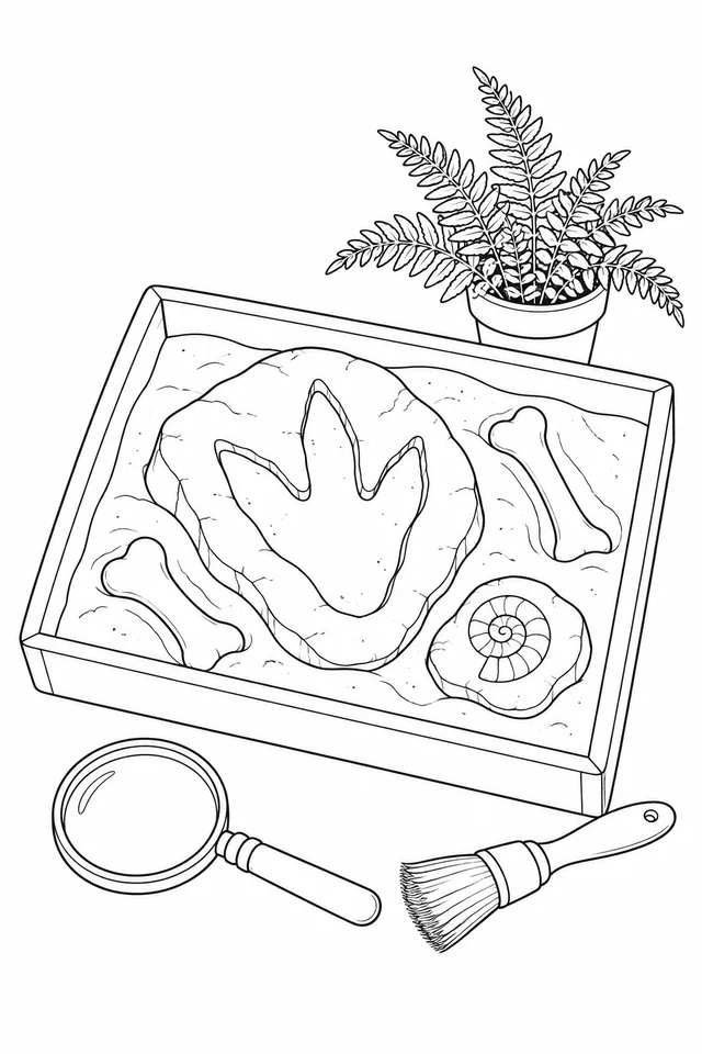 A sand-filled tray holds a rock with a three-toed footprint impression, two bone shapes and a spiral fossil rock, with a magnifying glass, brush and potted fern nearby.