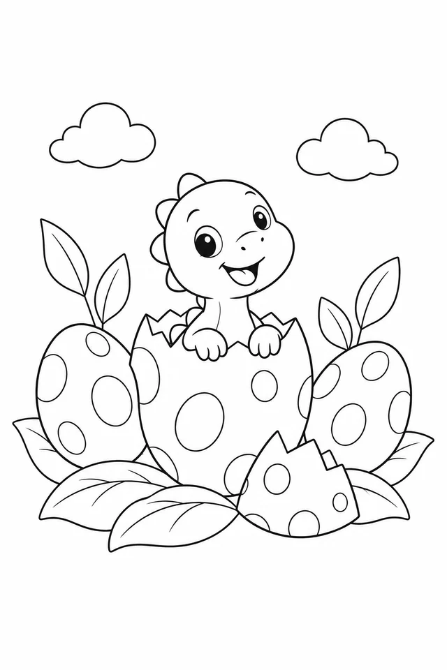 A smiling baby dinosaur rests its small hands on a cracked spotted eggshell, with two whole eggs, a loose shell piece, broad leaves and two clouds.