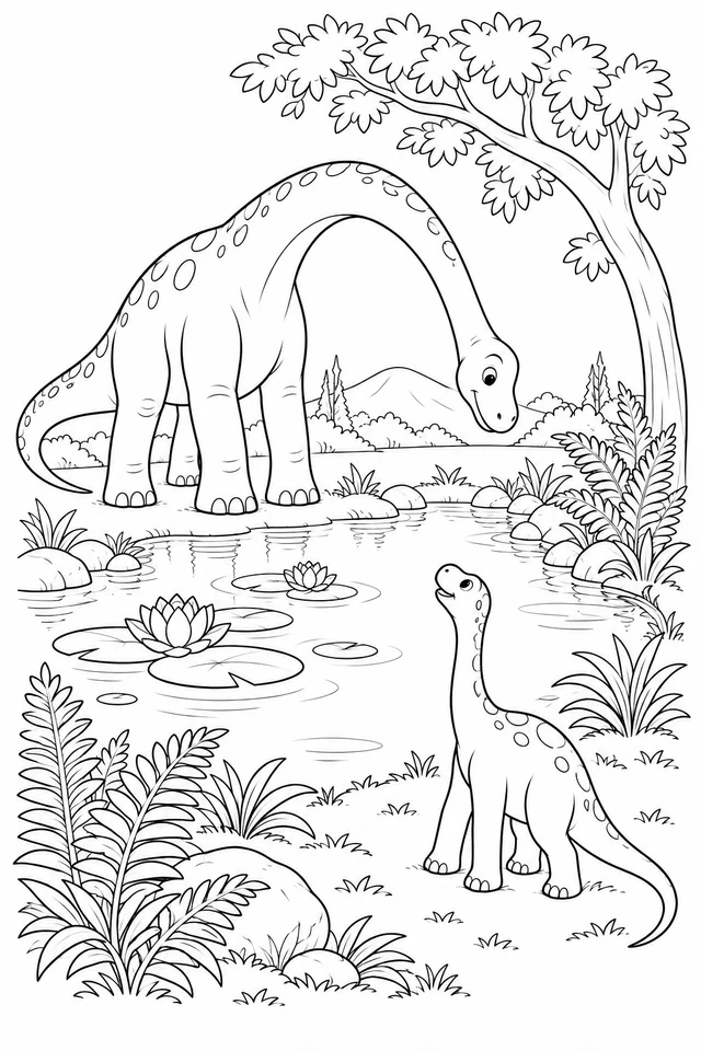 Two long-necked dinosaurs of different sizes face one another beside a lily pond, framed by ferns, stones, an arching tree and distant hills.