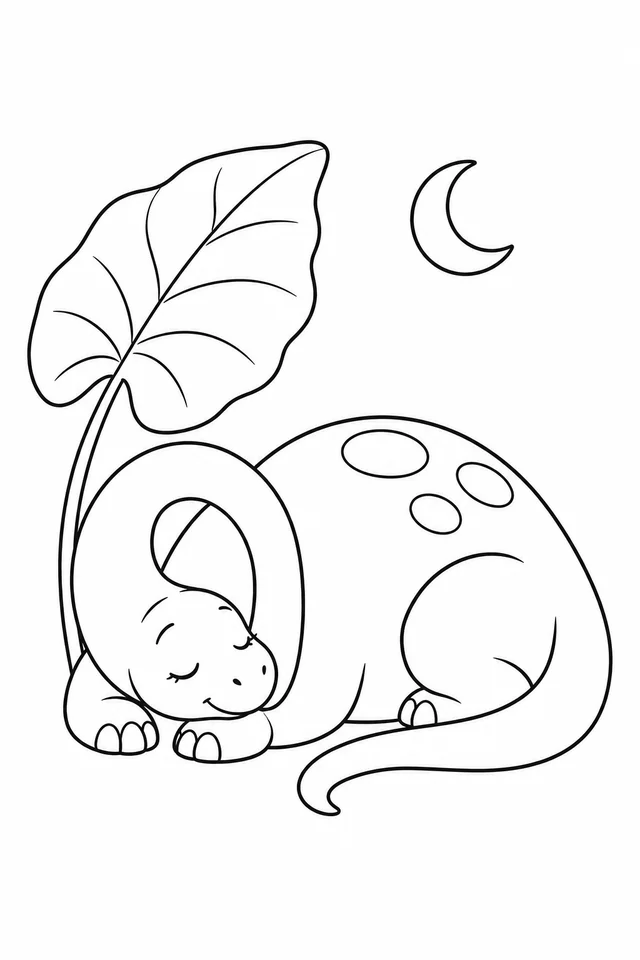 A sleeping cartoon long-necked dinosaur curls its neck toward its folded front feet, with three large body spots, a curved tail, one oversized leaf and a crescent moon.