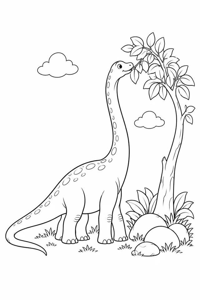 A smiling long-necked dinosaur with four legs and a curved tail nibbles leaves from a tall tree beside large stones, beneath two clouds.